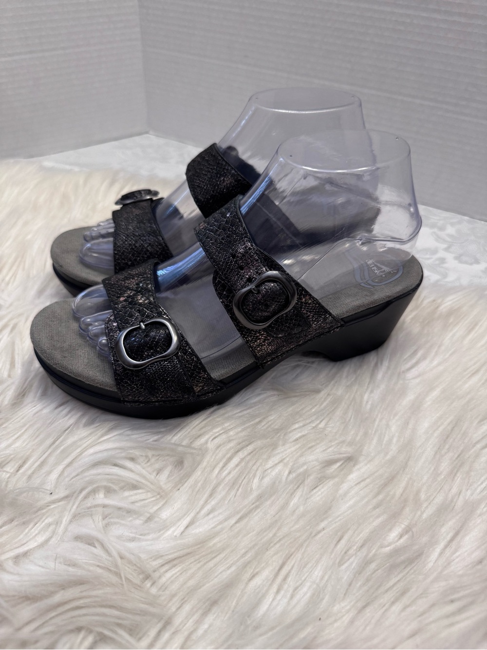Dansko Sophie Size 38 7.5-8 Metallic Black Learher Slide Sandals‎ Comfort Shoe